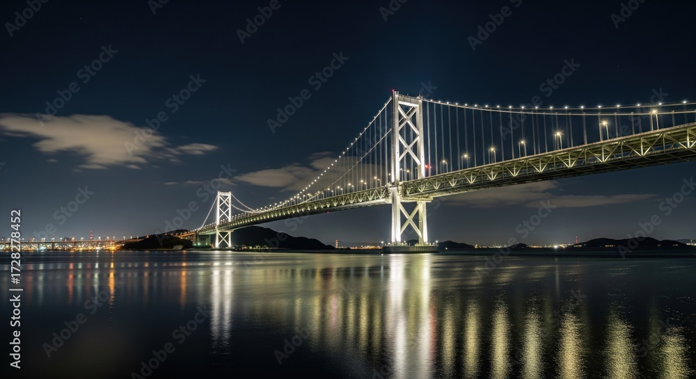 Fototapeta premium Illuminated suspension bridge at night over calm water