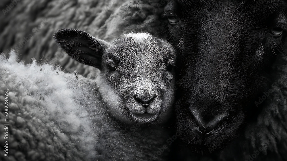 Obraz premium A black and white photo of a lamb cuddling up with its mother sheep