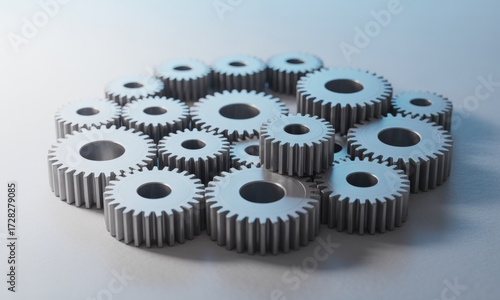 Metallic gears scattered on a soft, even surface, catching light