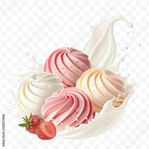 realistic creamy vanilla and strawberry ice cream scoops with milk splash in different style isolated on transparent background