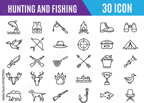 Hunting & fishing outline icon set. Hunting icon pack, ncludes thin line fish,  fire,  animal, hunting knife,  hunting and more. Minimal and simple line vector.
