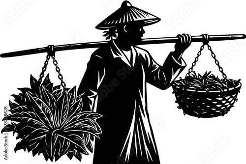 Black Silhouette of an Asian Farmer Carrying a Harvest Basket on a Pole Vector