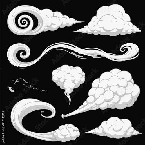 Cartoon smoke clouds. White steam and vapor puffs, explosion dust swirls, fog and mist shapes, comic-style air blasts, gas trails, and fume rings. Vector isolated set.