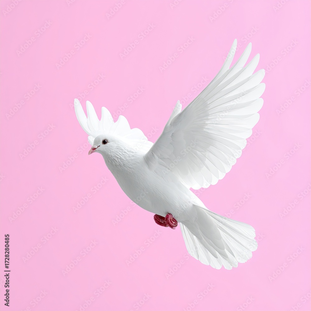 Obraz premium Elegant White Dove Flying Gracefully Against Soft Pink Background.