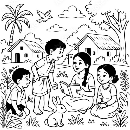 Grandma storytelling under neem tree in Tamil village – line art illustration 