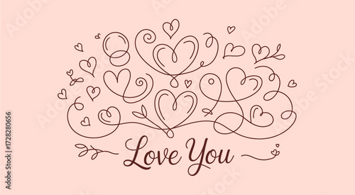  Elegant Love You Design with Heart Swirls and Delicate Script on a Soft Pink Background