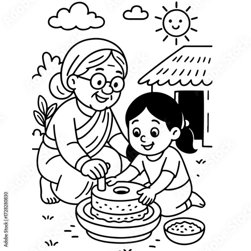 Grandma storytelling under neem tree in Tamil village – line art illustration 