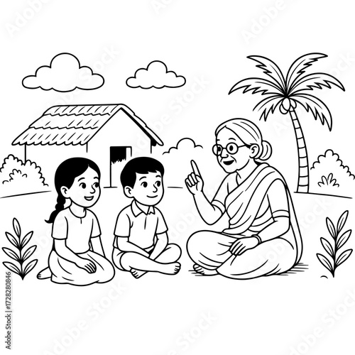 Grandma storytelling under neem tree in Tamil village – line art illustration 