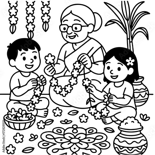 Grandma storytelling under neem tree in Tamil village – line art illustration 