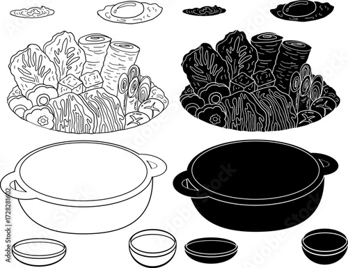 Traditional Japanese ramen and wave for restaurant printing on wallpaper.Ramen vector illustration for doodle art.Sunrise with chopsticks vector for painting on background.Elements set of Hotpot.