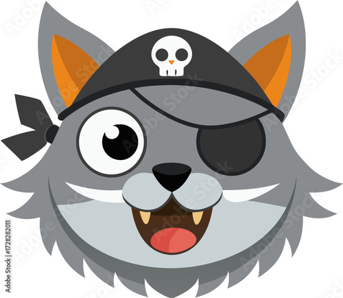 A cartoon grey cat wearing a pirate hat with a skull and crossbones and a black eye patch, smiling with its mouth open.