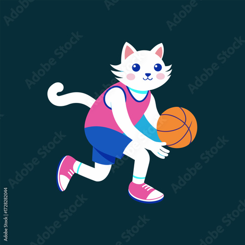 A whimsical illustration of a white cat in athletic wear, actively dribbling a basketball, showcasing a fun and energetic sports theme.