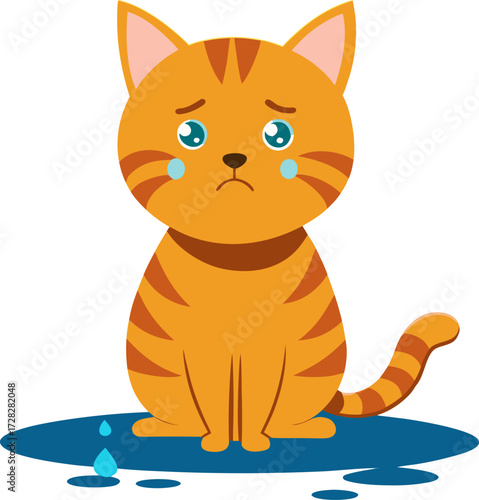 A cute, cartoon orange tabby kitten sits with a sad expression, tears streaming down its face, in a small puddle.