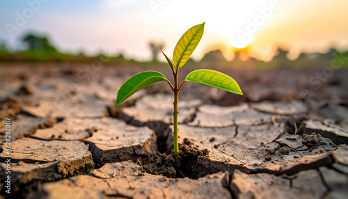Young mango tree growing in cracked soil, drought resilience concept