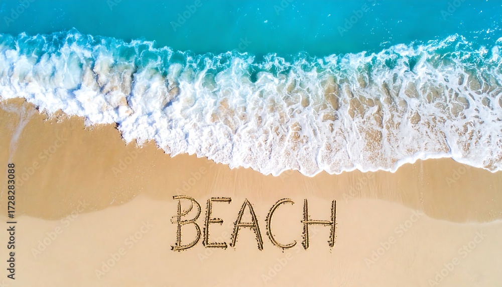 Fototapeta premium Aerial view of a sandy beach with the word 