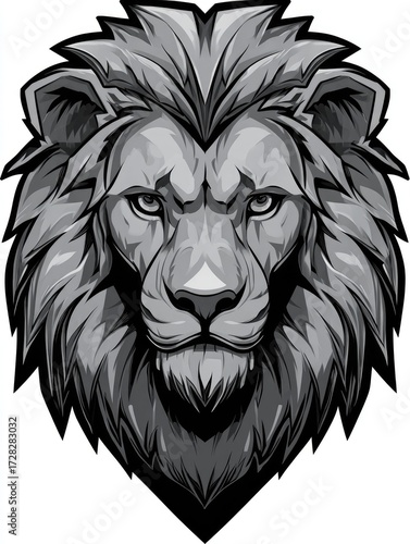 Powerful grayscale illustration showcases a regal lion's head, highlighting its formidable presence and detailed mane.