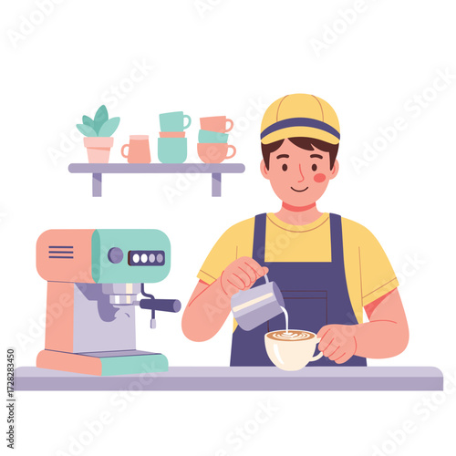 A barista making coffee with an espresso machine and cups on a shelf in the background illustration