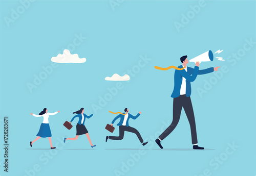 Leadership for team direction, success strategy, lead team to achieve goal, inspiration or motivate employee, manager or company mission concept, businessman leader megaphone pointing team direction