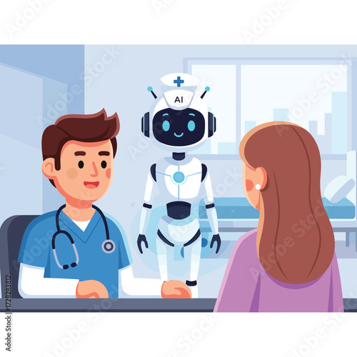 Doctor and robot nurse consulting with a patient in a hospital room setting illustration scene
