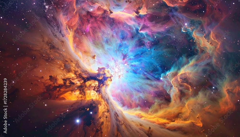 Obraz premium Vibrant Cosmic Nebula Swirls with Star Formation and Galactic Dust Clouds.