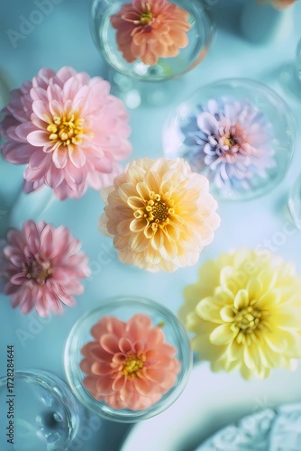 Vibrant dahlia flowers floating in water creating a beautiful floral display