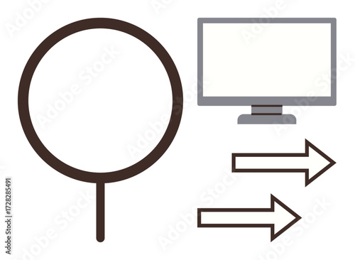 Magnifying glass symbolizes analysis, computer monitor signifies technology, and arrows imply data movement and progress. Ideal for search, analysis, research, technology, communication