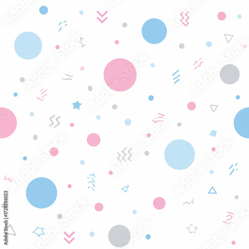 パステルカラーのドットと幾何学模様が散りばめられた、可愛らしくてシンプルなベクター背景