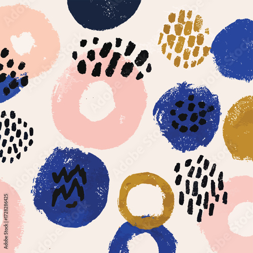 カラフルな抽象的な水彩画のドットと円のシームレスパターン、モダンなデザインの背景