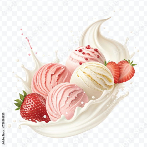 realistic creamy vanilla and strawberry ice cream scoops with milk splash in different style isolated on transparent background
