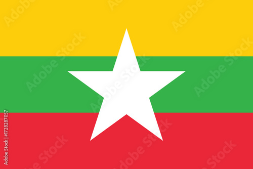 The national flag of Myanmar, also known as Burma, featuring three horizontal stripes of yellow, green, and red with a large white star in the center.