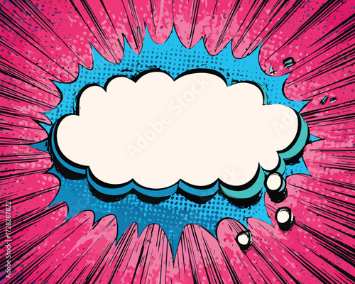 ポップアート風の吹き出しアイコン、メッセージやセリフの吹き出し、背景は放射状の線とドットで強調されたデザイン。