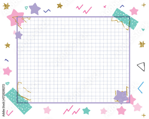 パステルカラーの星と幾何学模様が飾る、グリッド線入りの可愛らしいフレームデザイン。ベクターイラスト。