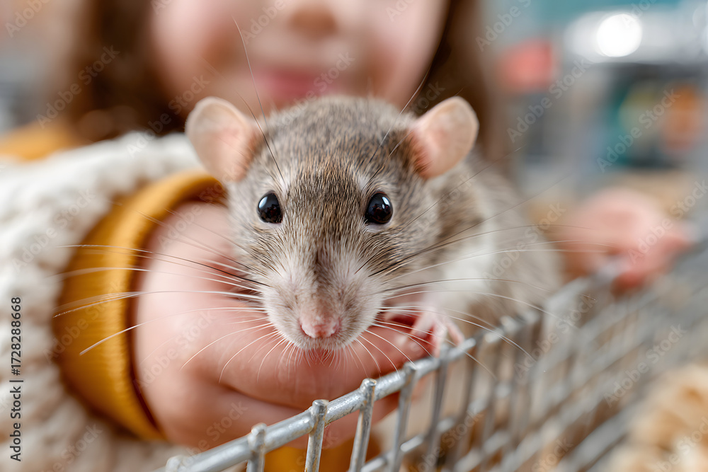 Close-up of cute pet fancy rat stretching its body out of cage holding finger of unrecognizable kid licking treats off Close-up of cute pet fancy rat stretching its body out of cage holding finger of unrecognizable kid licking treats off