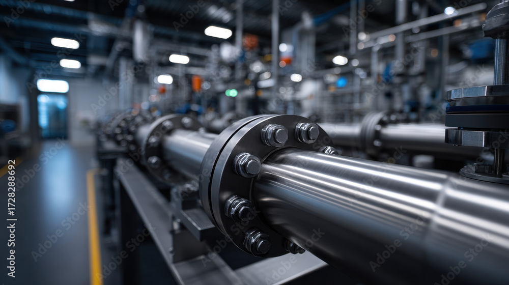 Naklejka premium Close up view of shiny metal pipes and bolts in industrial factory setting with blurred background, showcasing detailed engineering and manufacturing equipment