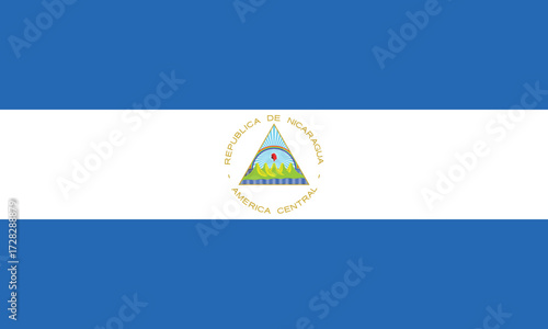 Flag of Nicaragua with blue and white stripes and a central emblem.