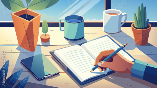 Hand writing in a notebook by the window with plants and coffee
