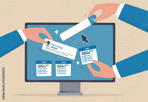 Job posting on recruitment website, employment or career opportunity online, HR or human resource offer help wanted or hiring position vacancy, HR hand posting job vacancy on online career website