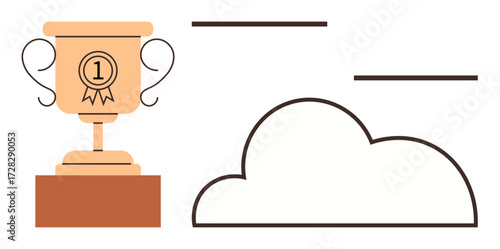 Gold trophy with number one badge on pedestal next to a simplistic cloud outline. Ideal for success, competition, achievement, cloud storage, victory, recognition, ambition, simple flat metaphor