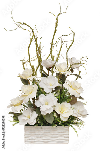 Cutout of an isolated bouquet of artificial large white flowers in a rustic vase for weddings and home deco with the transparent png background