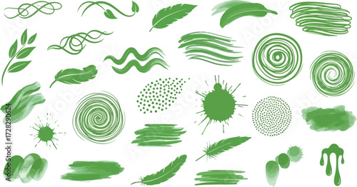 Vector art of assortment of green natural elements and brush strokes