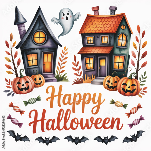 Vector cartoon illustration set of a haunted Halloween house with a pumpkin on a scary night street
