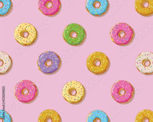 カラフルなドーナツがピンクの背景に並ぶ、甘く楽しいベクターパターン