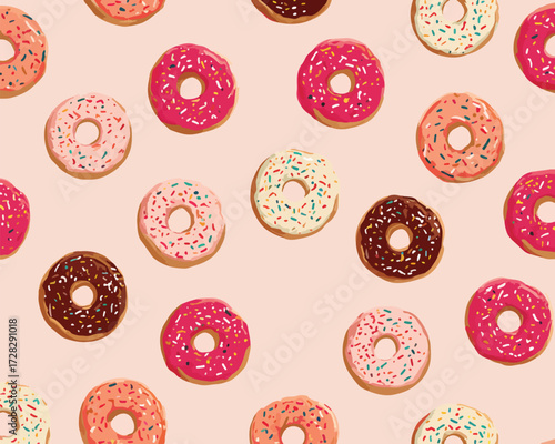 カラフルなドーナツが敷き詰められた、甘くて楽しいシームレスパターンデザイン。