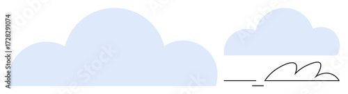 Soft blue clouds with abstract curved black wind lines evoke serenity and motion. Ideal for weather, simplicity, nature, calm, mindfulness, eco-friendly themes, clean visuals. Simple flat metaphor