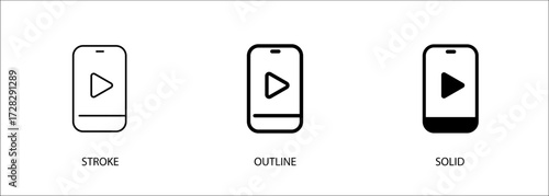 Phone icon with play button for mobile video playback, multimedia, social media. Editable vector stroke icon, outline and solid. Eps10 file.