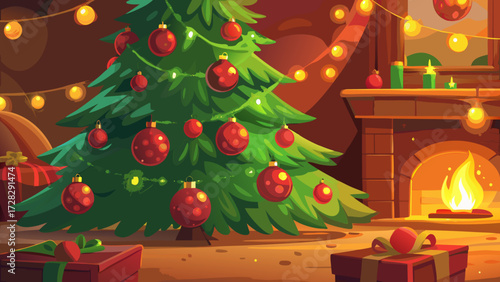 Cozy christmas scene with decorated tree and fireplace