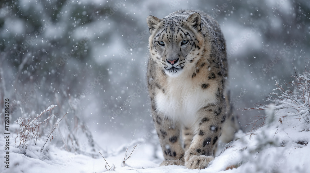 Naklejka premium Wild Snow Leopard Walking in Snow Covered Landscape