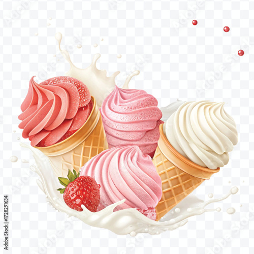 realistic creamy vanilla and strawberry ice cream scoops with milk splash in different style isolated on transparent background