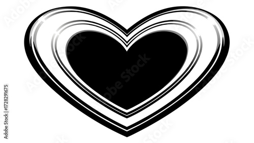 A black and white heart shape with multiple outlines creating a layered and dimensional appearance on transparent background silhouette