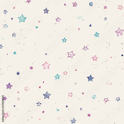 カラフルな手描きの星が空に散りばめられた、幻想的で軽やかなベクターイラストレーション
